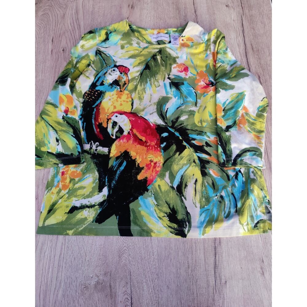 Alfred Dunner Tropical Parrot Cay Bird Print Blouse Coastal Grandma Summer Top M